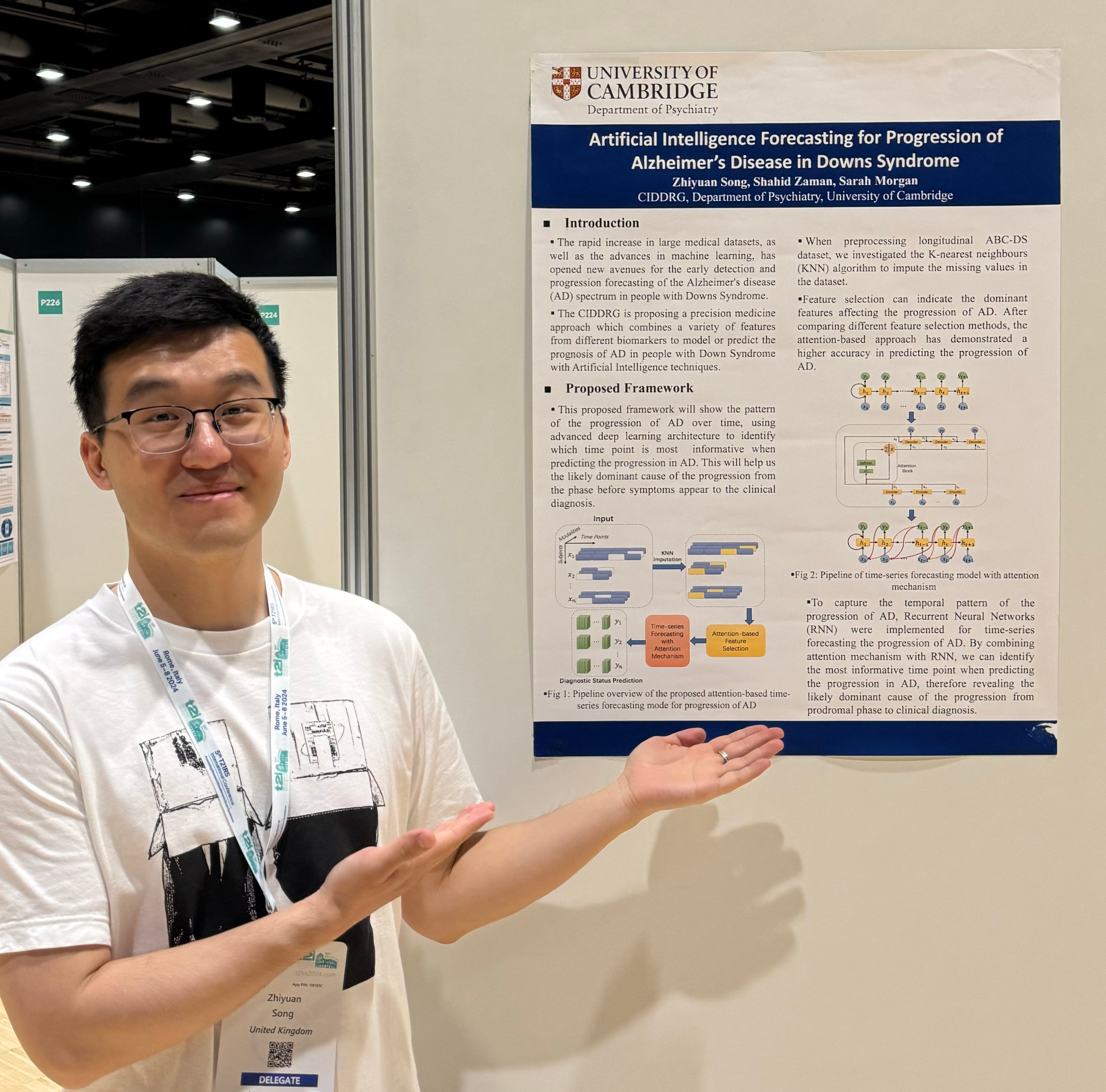 Zhiyuan stands in front of his research poster, entitled Artificial intelligence forecasting for progression of Alzheimer's Disease in Down's syndrome