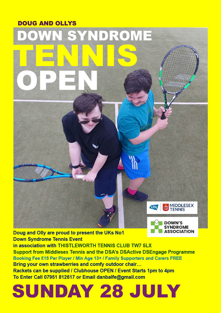 Patron Olly playing tennis on a tournament poster